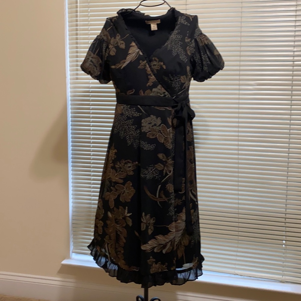 Black and brown floral wrap dress. Gently used.